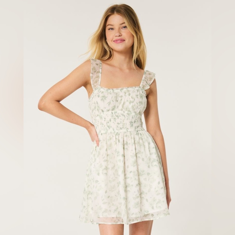 Hollister White Mini Dress with Light Green Leaf Print